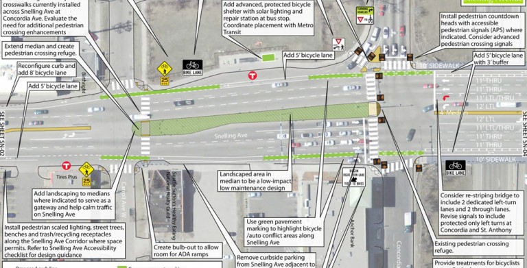 Residents in Saint Paul devoted devoted hundreds of hours to developing this multi-modal plan for Snelling Avenue, only to have huge portions of it thrown out without notice or explanation. Image: Streets.mn