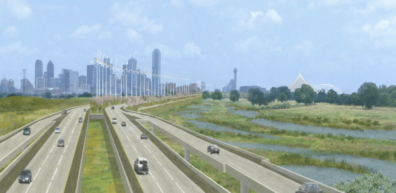 The $1.5 billion Trinity Parkway, given the gauzy watercolor treatment. Image: Army Corps of Engineers via Dallas Morning News