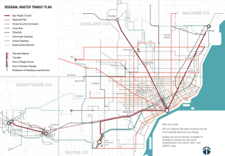The highlight of metro Detroit's $4.6 billion transit plan was four bus rapid transit routes connecting the city to suburban job centers. Map: Michigan RTA. Click to enlarge.