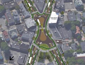 At this irregular intersection in Cambridge, the city plans to improve safety with what the locals call a "peanutabout." Image via Boston Cyclists Union