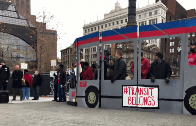 Protestors gathered in Cleveland's Public Square to demand the return of bus routes to Superior Avenue. Photo: Angie Schmitt