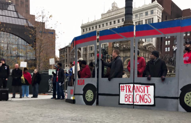 Protestors gathered in Cleveland's Public Square to demand the return of bus routes to Superior Avenue. Photo: Angie Schmitt