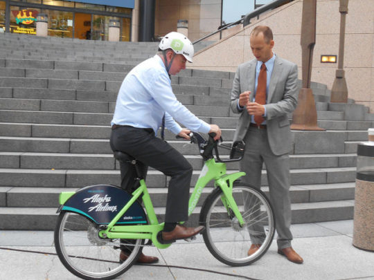 Mayor Ed Murray testing out a Pronto bike in happier times. Photo: SDOT via Seattle Transit Blog