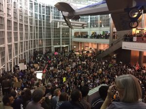 The scene at SeaTac airport Saturday, where police briefly interrupted transit service. Photo:  Browngoetz via Twitter