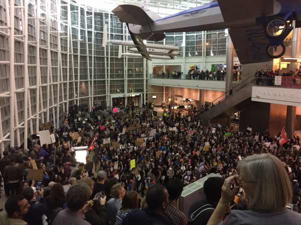 The scene at SeaTac airport Saturday, where police briefly interrupted transit service. Photo: Browngoetz via Twitter