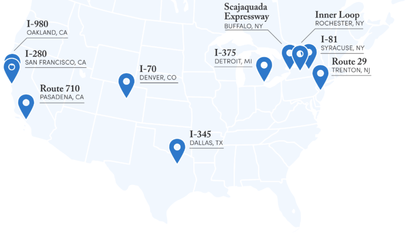 The Congress for New Urbanism has named its top ten candidates for urban highway removal. Map: CNU