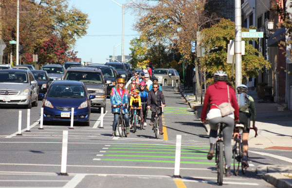 The two-way protected bike lane on Cathedral Street in Baltimore. Photo: Elvert Barnes via People for Bikes