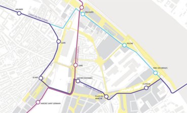 The plan for local transit lines connecting to the new Bordeaux Saint Jean Belcie HSR station. Map: < a href="http://www.bordeaux-euratlantique.fr/territoire-de-projets/projet-st-jean-belcier/">Bordeaux Euratlantique