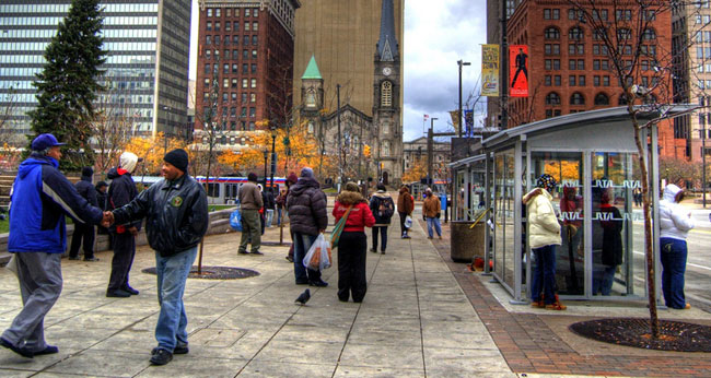 Cleveland's Public Square was the hub of the region's transit system until Mayor Frank Jackson removed buses as part of a redesign. Photo: Julio Gonzalez/Flickr