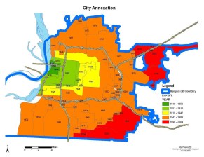 Memphis swallowed territory at a rapid pace in the 20th Century, and policy makers now believe the city is spread too thin. Image via Modern Cities