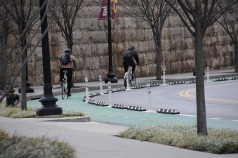 The First Street NE protected bike lane accounts for 0.6 miles of the 16-mile protected bike lane network taking shape in DC. Photo:  Jonathan Maus/Bike Portland