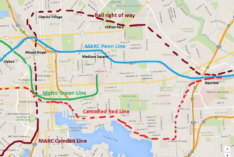 The Red Line was worth building because it mainly served central urban neighborhoods. Hogan's decision to kill it clearly discriminated against the predominantly black residents it would have served. Image: GGW