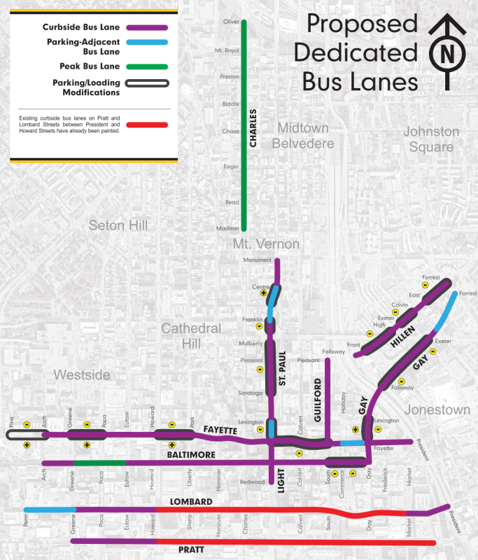Baltimore is adding a new slate of bus lanes (green, purple and blue) to existing bus lanes (red), which will be upgraded with red paint. Map: Maryland MTA