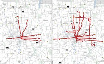 A before-and-after look at bus routes in Columbus with service at least every 15 minutes. Maps: COTA