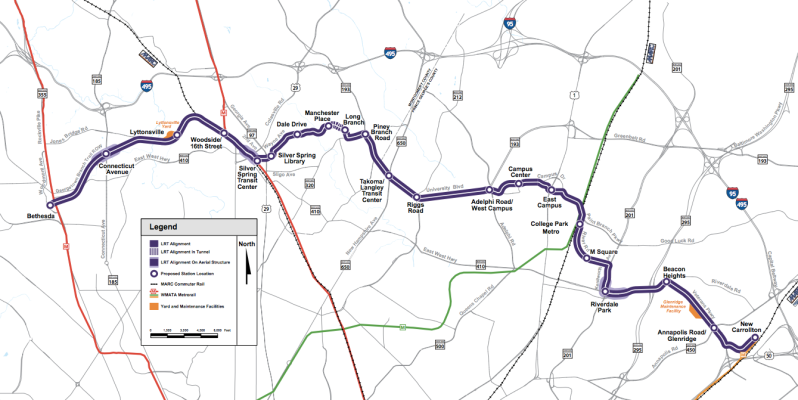 The stalling of federal judge Richard Leon threatens Maryland's Purple Line light rail, which would connect to the Washington Metro at four locations, plus Amtrak and MARC commuter rail. Image: Maryland MTA