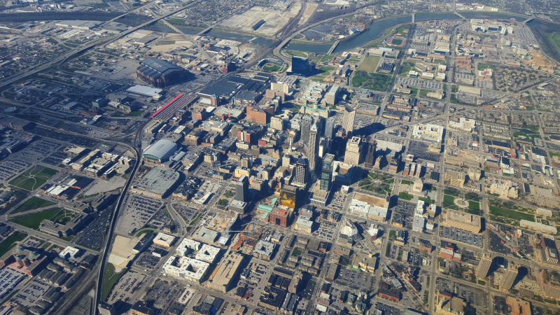 Indianapolis has a big downtown, but the bus network is not set up to serve it well, and compact development is scarce in the rest of the city. Photo: Evan Walsh/Wikimedia Commons