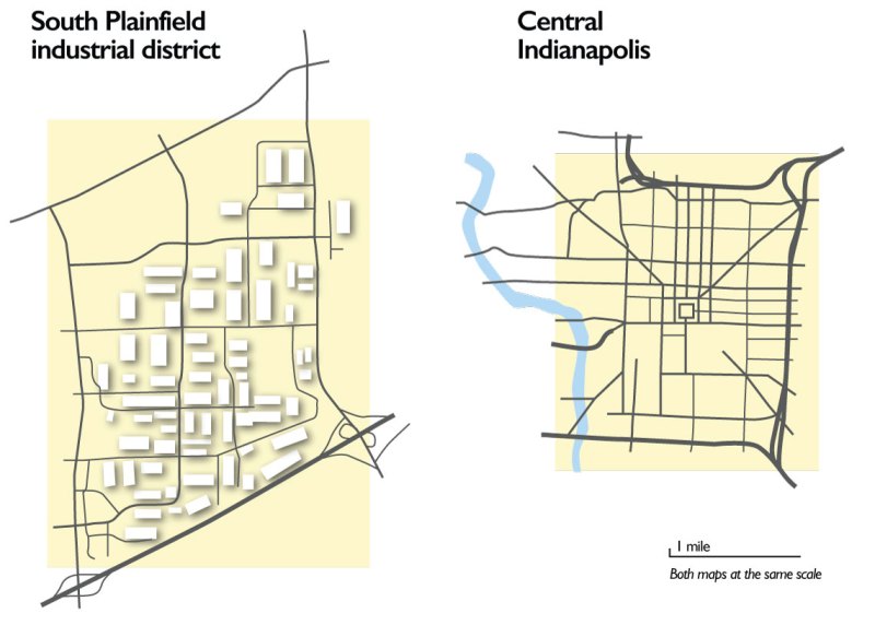 Employment districts in the Indianapolis suburbs (left, shown next to the central city for comparison) are built out at a scale that makes them unwalkable and difficult to serve with transit.