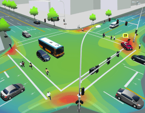 The red areas mark close calls between drivers and pedestrians. Image via City of Bellevue