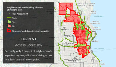 Today, just eight percent of disadvantaged Milwaukee neighborhoods, according to a Rails-to-Trails Conservancy index, have low-stress access to a bike trail. That's well below the citywide average. Completing two key trail projects could increase that number to 66 percent. Image: Rails-to-Trails Conservancy