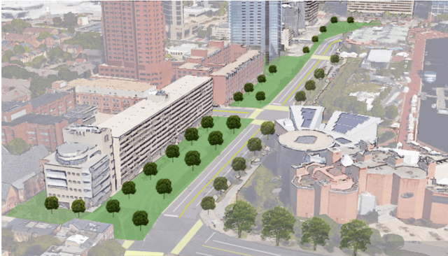A concept by urban designer Michael Costa for narrowing Baltimore's Light Street to make room for a greenway. Via Baltimore Innerspace