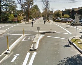 A diverter that shunts car traffic away from a bike boulevard in Palo Alto, California. Photo: Richard Masoner