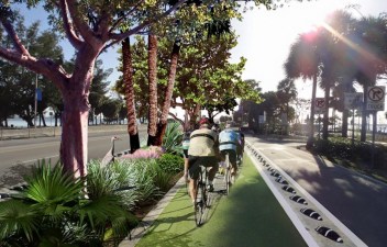 Protection for cyclists on major urban bridges in Florida exists only in renderings, not real life. Image: Bernard Zyscovich via Gridics