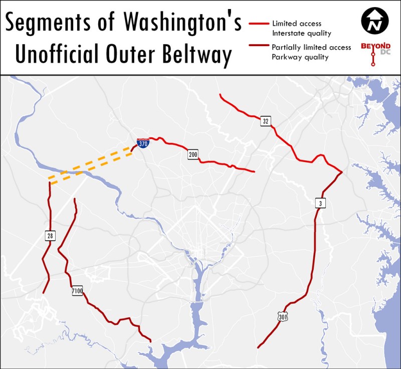 An "outer Beltway" isn't officially on the Washington region's agenda, but a new highway across the Potomac River (in orange) still is. Map: Beyond DC