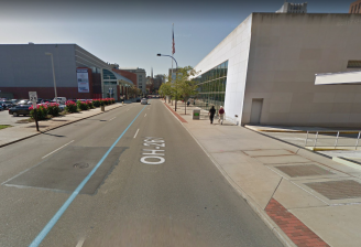 High Street in Akron is dominated by parking and institutional buildings and parking. Image: Google Maps