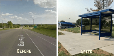 This contender in last year's Sorriest Bus Stop tournament (left) is looking a lot more dignified now. After Photo:  TransitKC.com via Twitter
