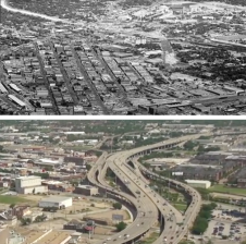 The neighborhoods east of downtown Dallas in 1963, before the construction of I-345, and in the present day (note: the photos are not taken from the same perspective). Top photo: Tom Dillard/Dallas Morning News; bottom photo: Streetfilms
