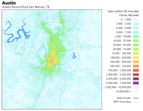 A map of transit accessibility for jobs in Austin, via University of Minnesota