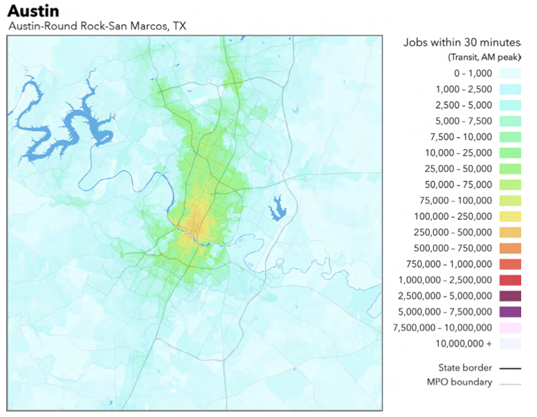 A map of transit accessibility for jobs in Austin, via University of Minnesota
