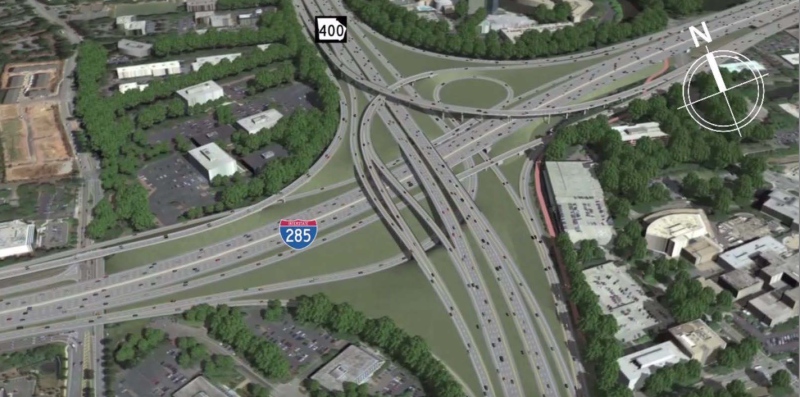 Georgia DOT thinks this $800 million highway spaghetti is the answer to congestion, and the local newspaper is unskeptical. Image: Georgia DOT