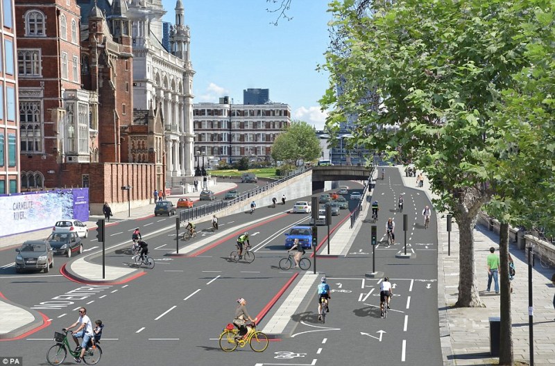 A 2014 artist's rendering of Blackfriars Junction, immediately west of Upper Thames Street, after protected bike lane installation.