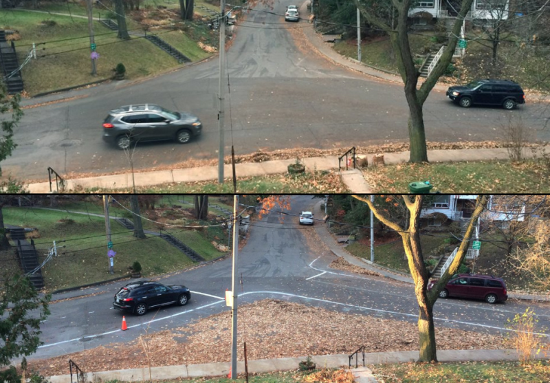 Toronto resident Dave Meslin and his neighbors used chalk and leaves to show how a local intersection would be right-sized. Photo: Dave Meslin/Twitter
