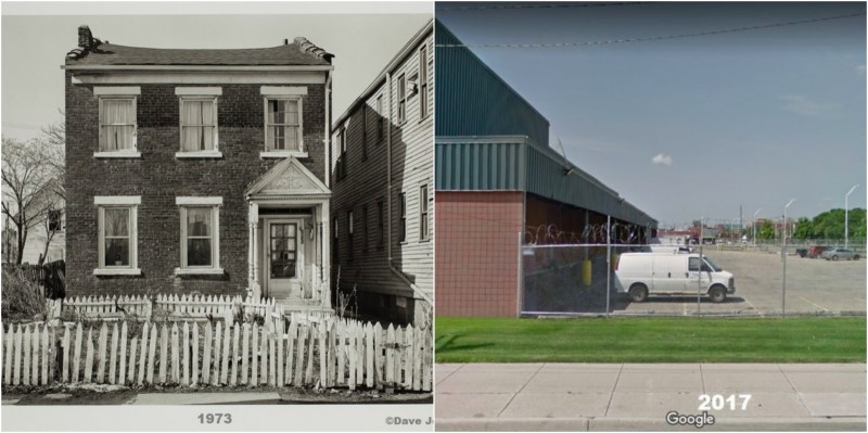 A historic house used to sit at 3539 Russell Street, which is now a distribution center. Before photo: Dave Jordano; comparison via Detroit Street View
