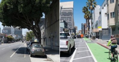 Before/after cross-sections of 7th Street, San Francisco. Photos: Jeremy Menzies, SFMTA.