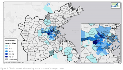 Ride-hailing trips that start at someone's home are clustered in the center of the Boston region, where transit access is best and traffic is most intense. Map: MAPC