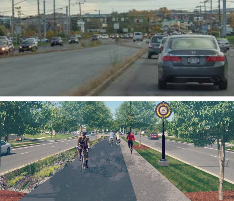 Dewitt, New York, a suburb of Syracuse, is remaking a dangerous, car-centric road with a median greenway. Images: Elevating Erie