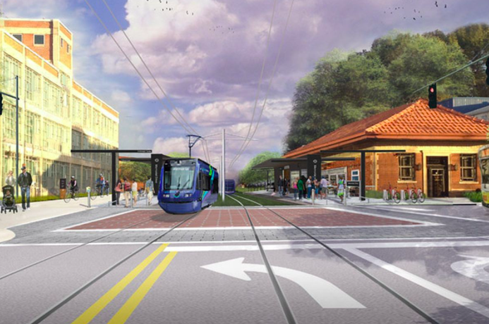 A rendering of light rail in Atlanta. Image via Darin Givens