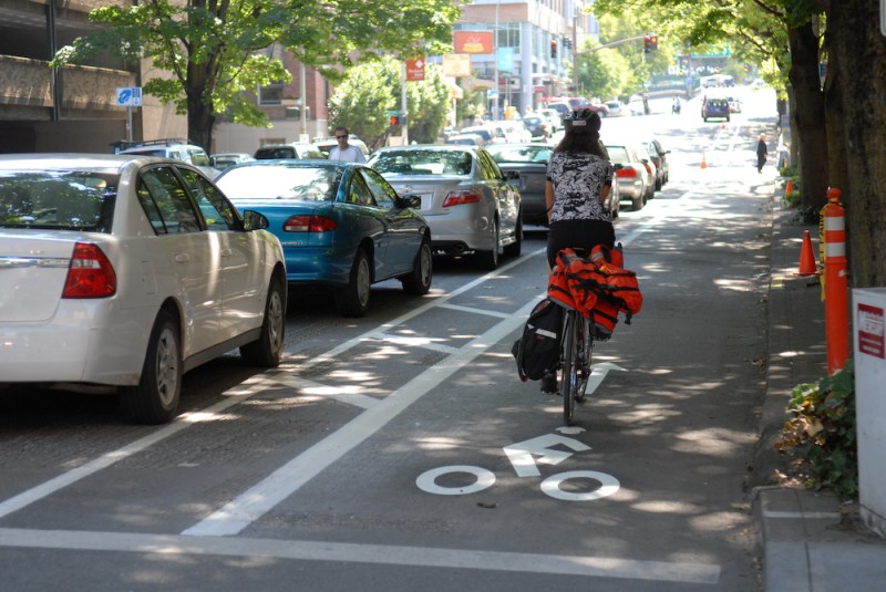 Portland's goal is to implement protected bike lanes on 450 miles of streets. Photo: Bike Portland