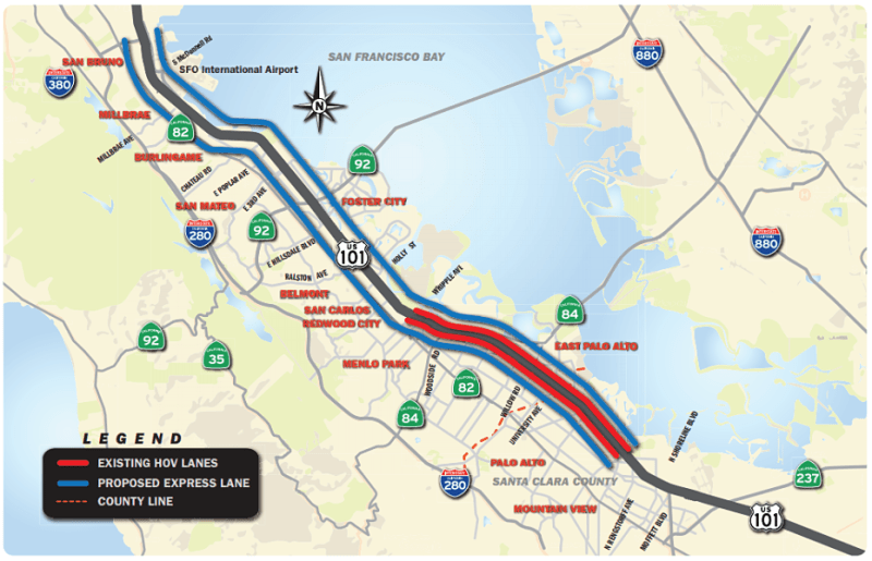 The proposed Highway 101 express lanes project would add more than 22 miles of new lanes, at a total cost of $534 million. Image: Caltrans.
