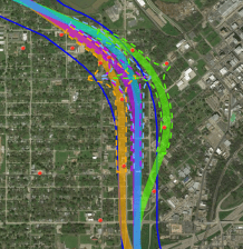 Each of the proposed I-49 expansion routes run through the heart of the Shreveport community of Allendale. Red dots represent churches.