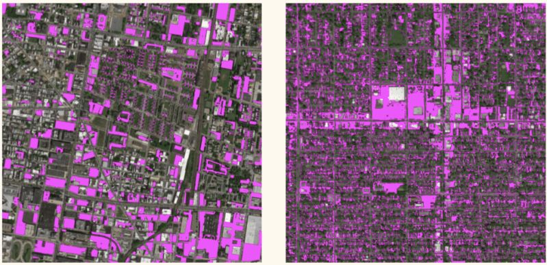 Satellite images with surface parking highlighted in Philadelphia (left) and Seattle (right), via the Research Institute for Housing America.