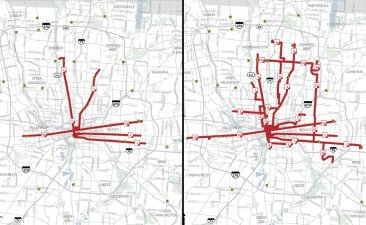 Frequent service maps (15 minute headways or greater) for Columbus' COTA before (left) and after (right) the system redesign. Maps:  Columbus Underground