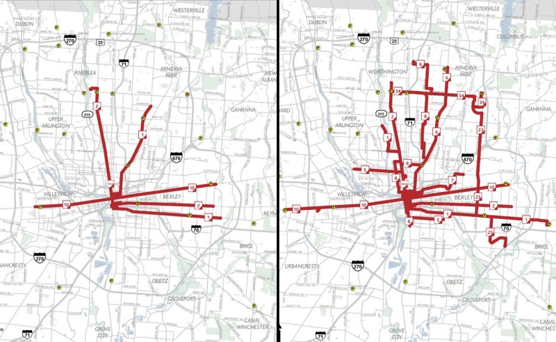 Frequent service maps (15 minute headways or greater) for Columbus' COTA before (left) and after (right) the system redesign. Maps: Columbus Underground