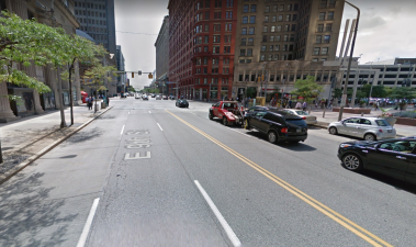 If Cleveland's East 9th Street had bike lanes, Jenasia Summers would probably still be alive. Image: Google Maps