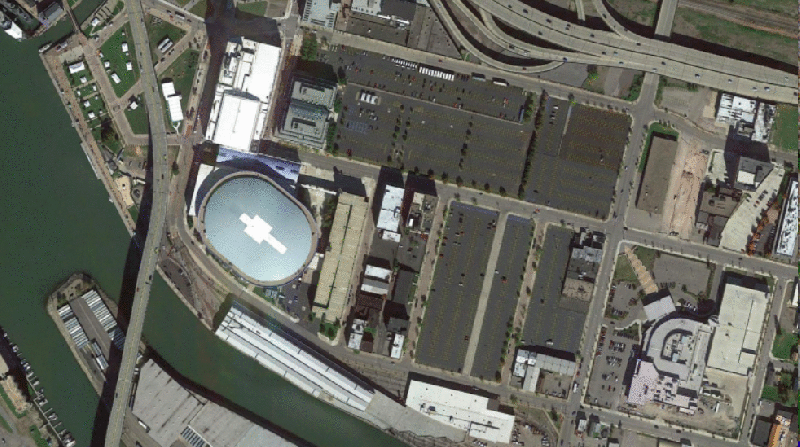 A vision for redeveloping the parking lots at Keybank Center, where the Buffalo Sabres play. Photos: Fred Frank