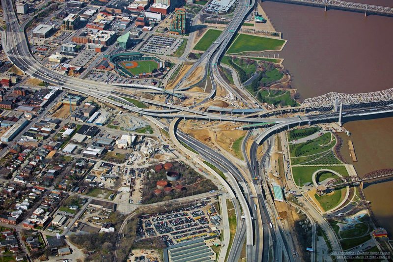 An aerial view of Louisville's $2.3 billion Ohio River Bridges Project. Photo: Ohio River Bridges Project via Broken Sidewalk