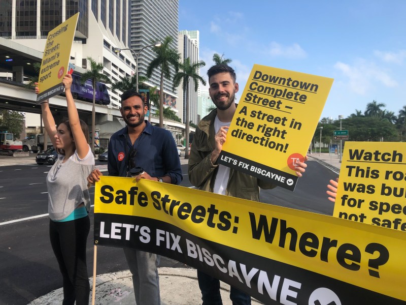 Miami residents protest the unsafe conditions on Biscayne Boulevard. Photo: TransitAlliance Miami